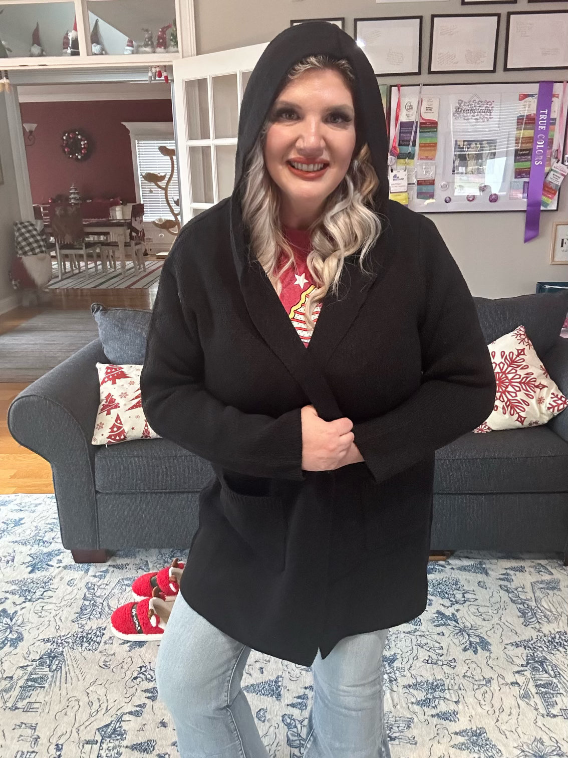 Black Hooded Open Front Sweater Cardigan