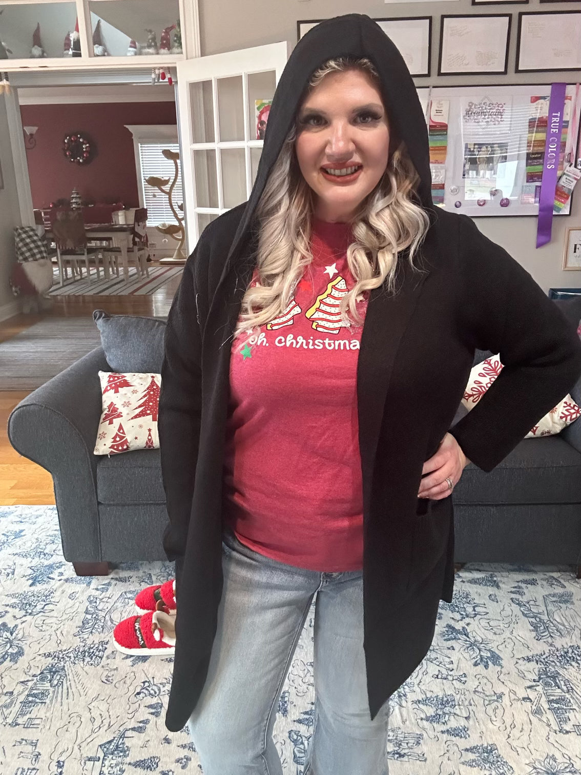 Black Hooded Open Front Sweater Cardigan