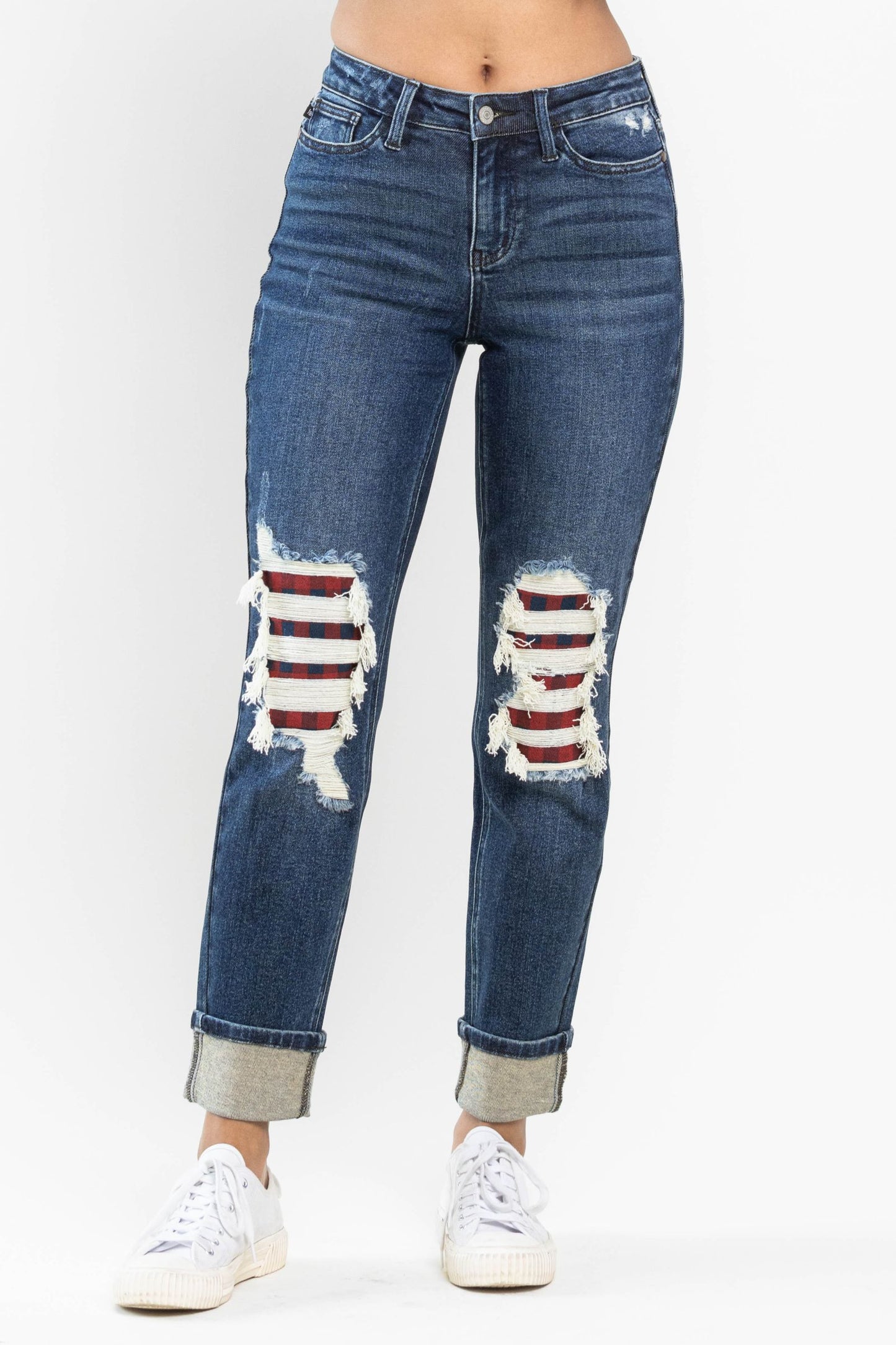 Judy Blue Mid Rise Buffalo Plaid Knee Destroy Patches & Cuff Boyfriend Jeans