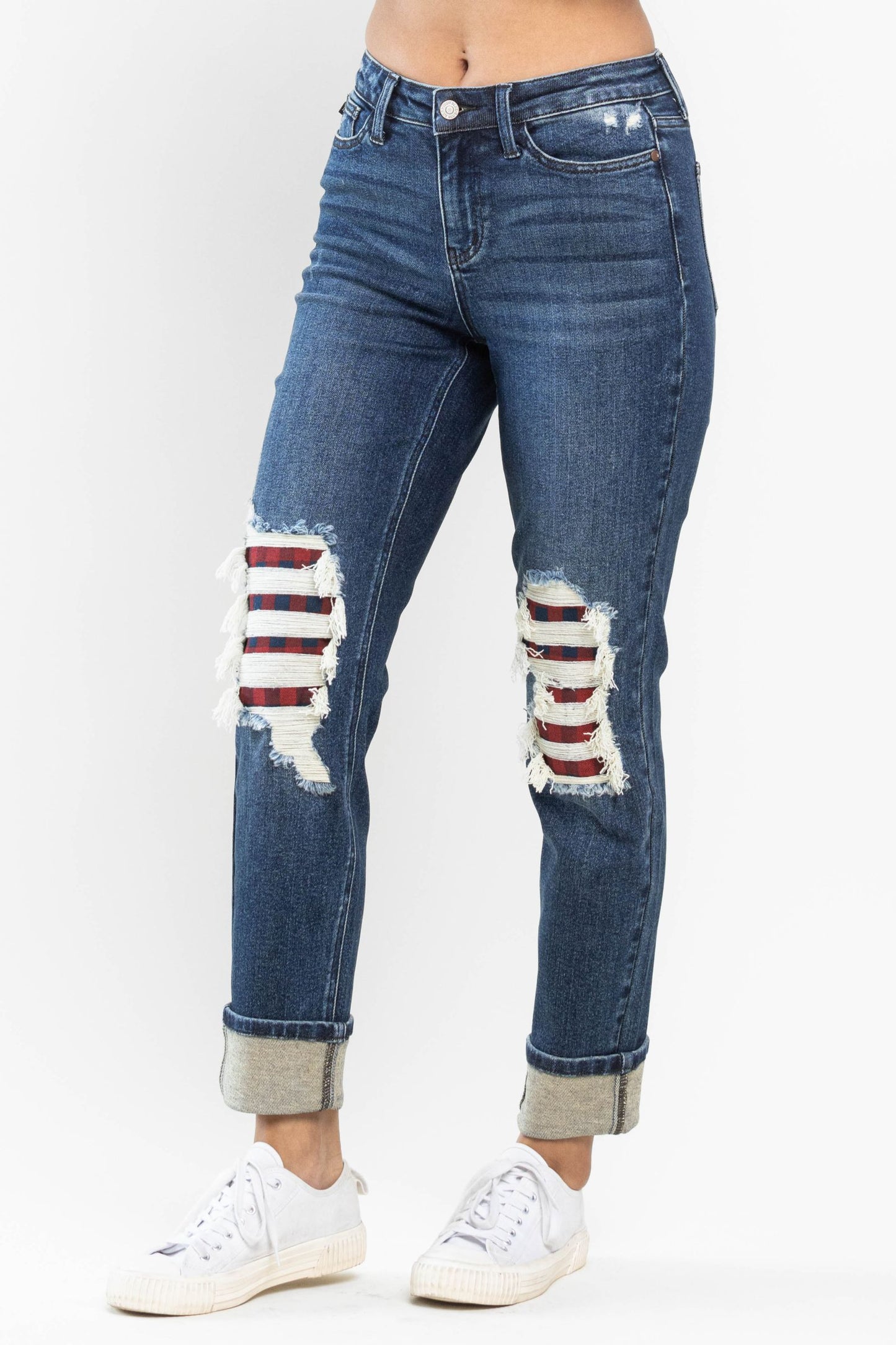 Judy Blue Mid Rise Buffalo Plaid Knee Destroy Patches & Cuff Boyfriend Jeans