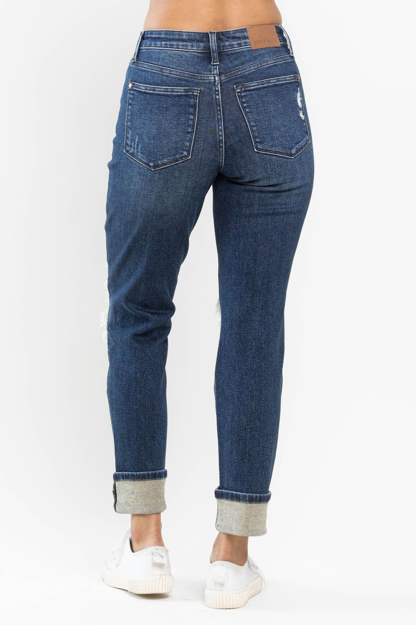 Judy Blue Mid Rise Buffalo Plaid Knee Destroy Patches & Cuff Boyfriend Jeans