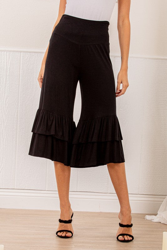 Black Solid Cropped Pants with Ruffles