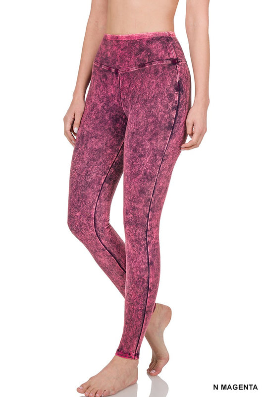 Magenta Mineral Washed Wide Waistband Yoga Leggings