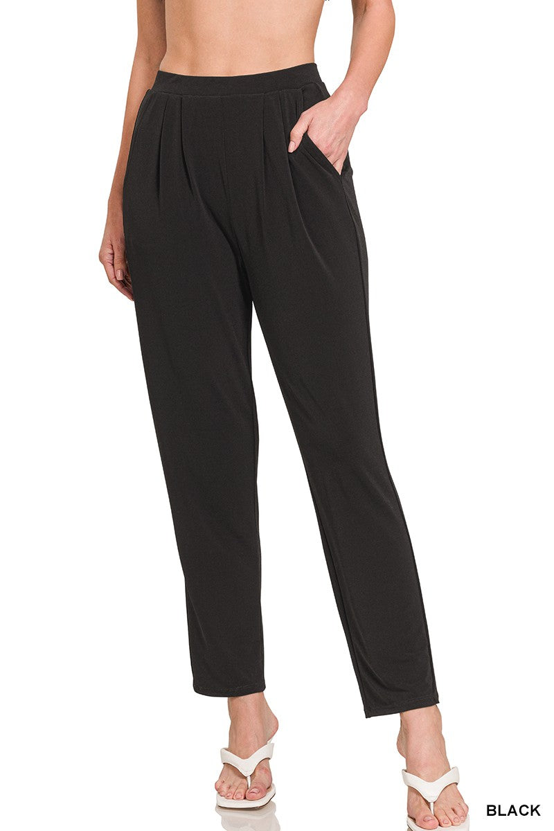Black Ity Pleated Waist Pants With Side Pockets