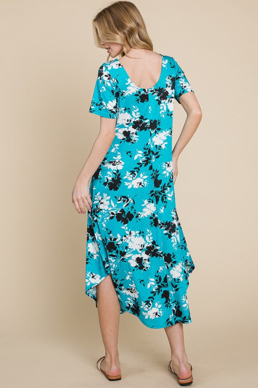 Turquoise/Black V-neck Floral Midi Dress