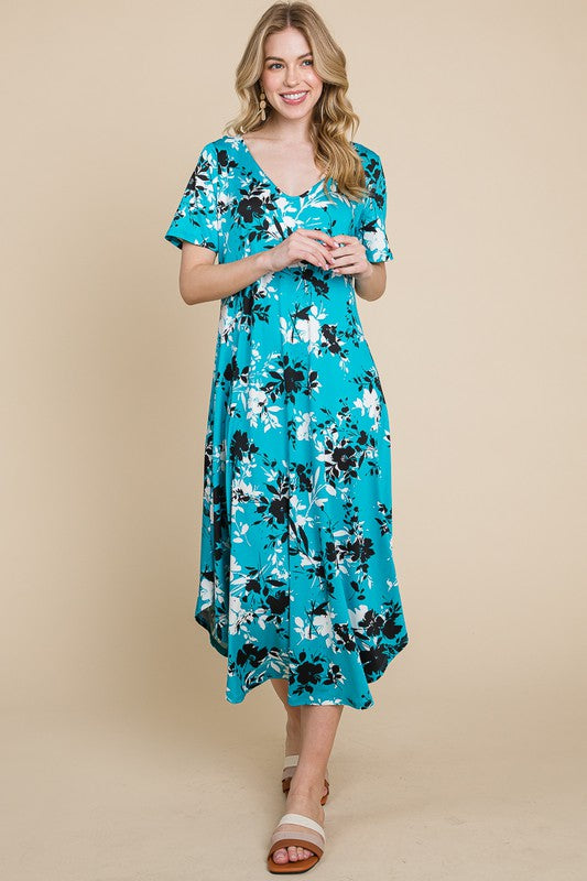 Turquoise/Black V-neck Floral Midi Dress