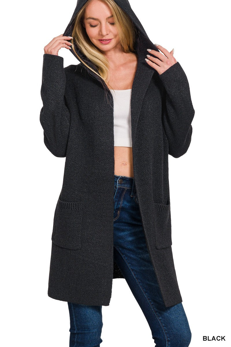 Black Hooded Open Front Sweater Cardigan