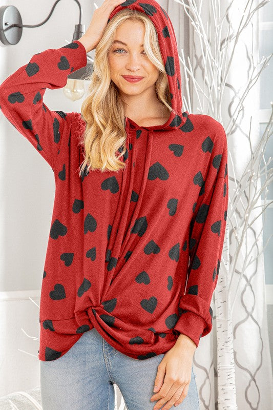 Red Valentine Heart Hooded Top with Top with Twist Knot