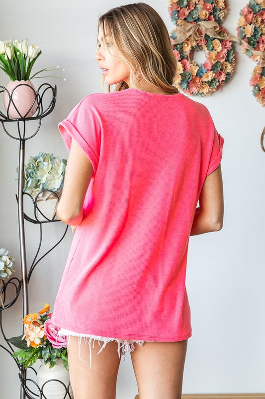 Neon Pink Short Sleeve Sequins Flag Patch Shirt