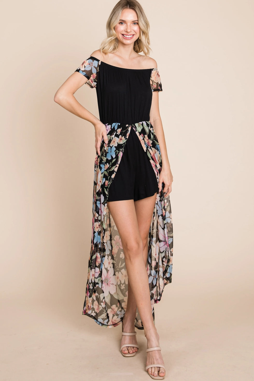 Black Floral Mesh Maxi Romper