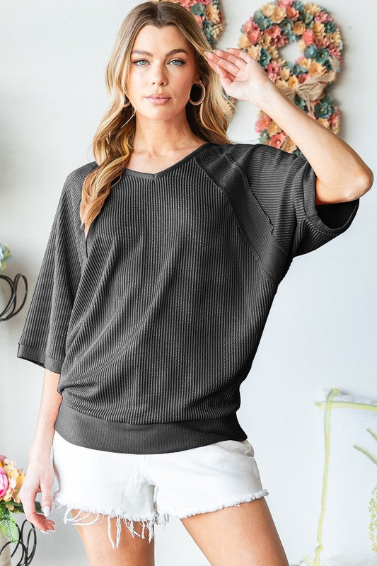 Charcoal Solid V-Neck Urban Ribbed Top