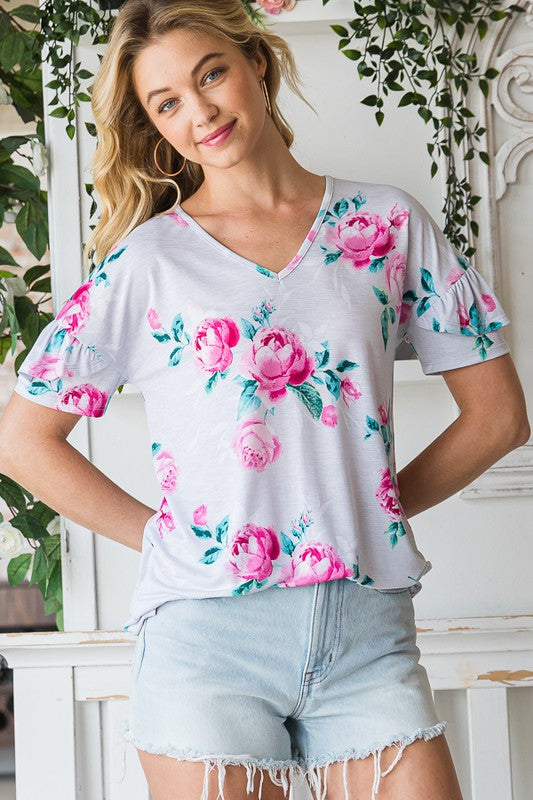 Grey/Fuchsia Floral Top