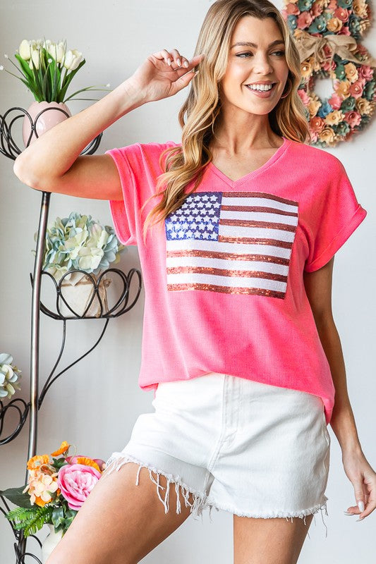 Neon Pink Short Sleeve Sequins Flag Patch Shirt