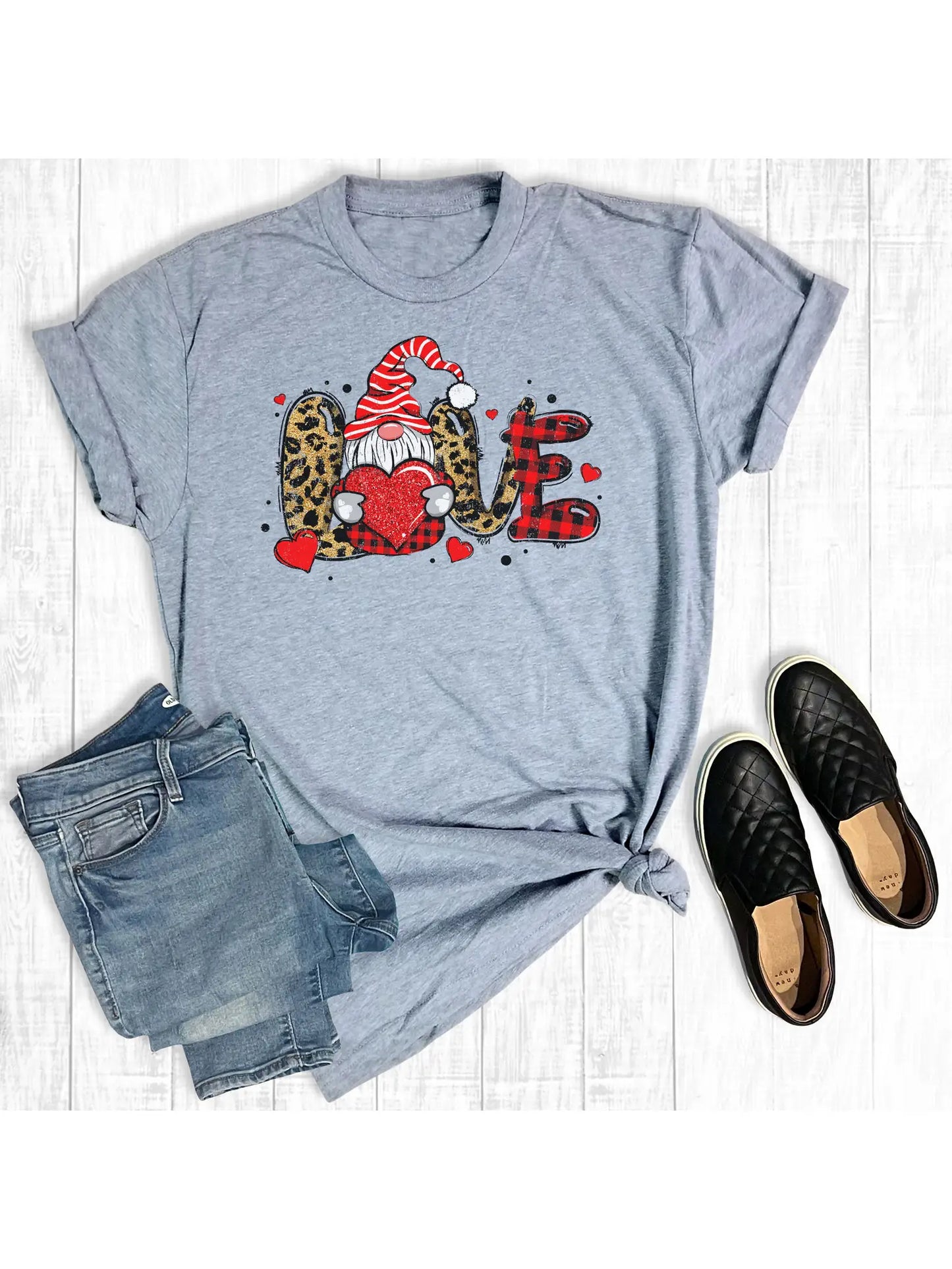 Light Gray Love Valentine Gnome Short Sleeve Tee