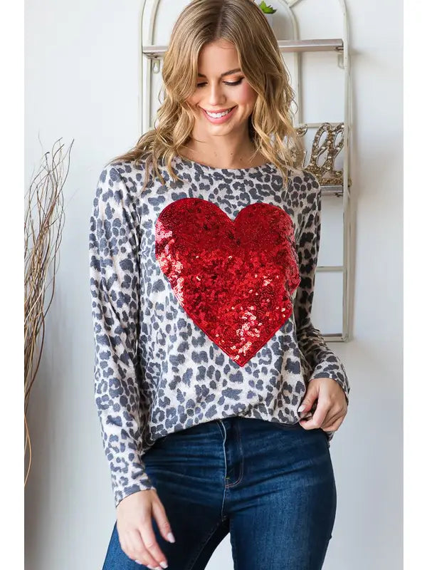 Leopard Heart Long Sleeve Top