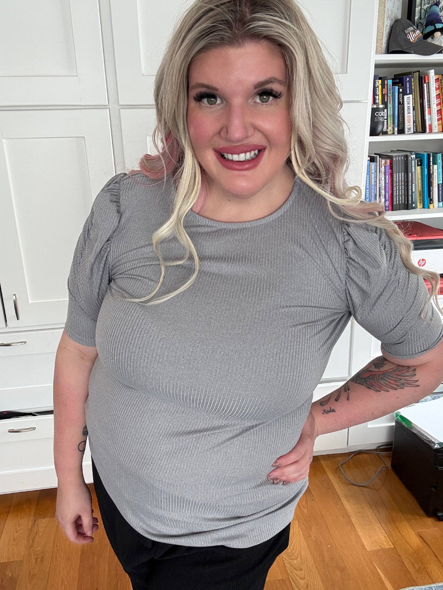 Grey Solid Ribbed Top