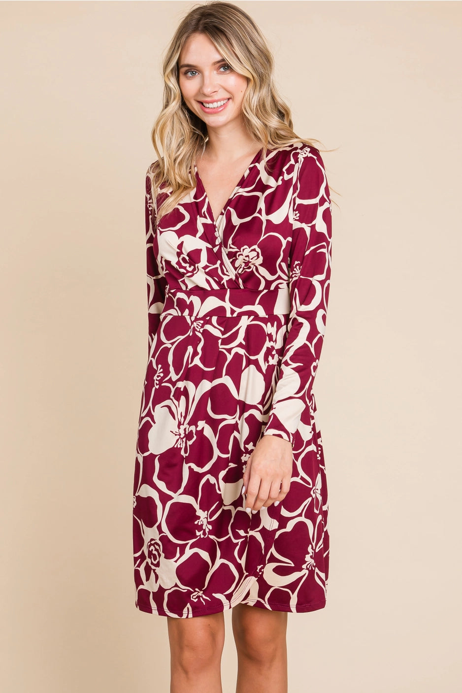 Burgundy Floral Wrap Knee Dress