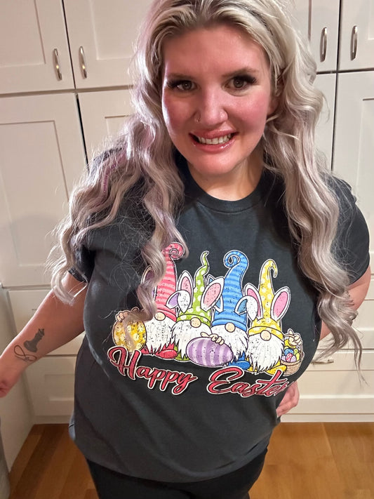 Charcoal Short Sleeve Happy Easter Bunny Gnomes Graphic Tee