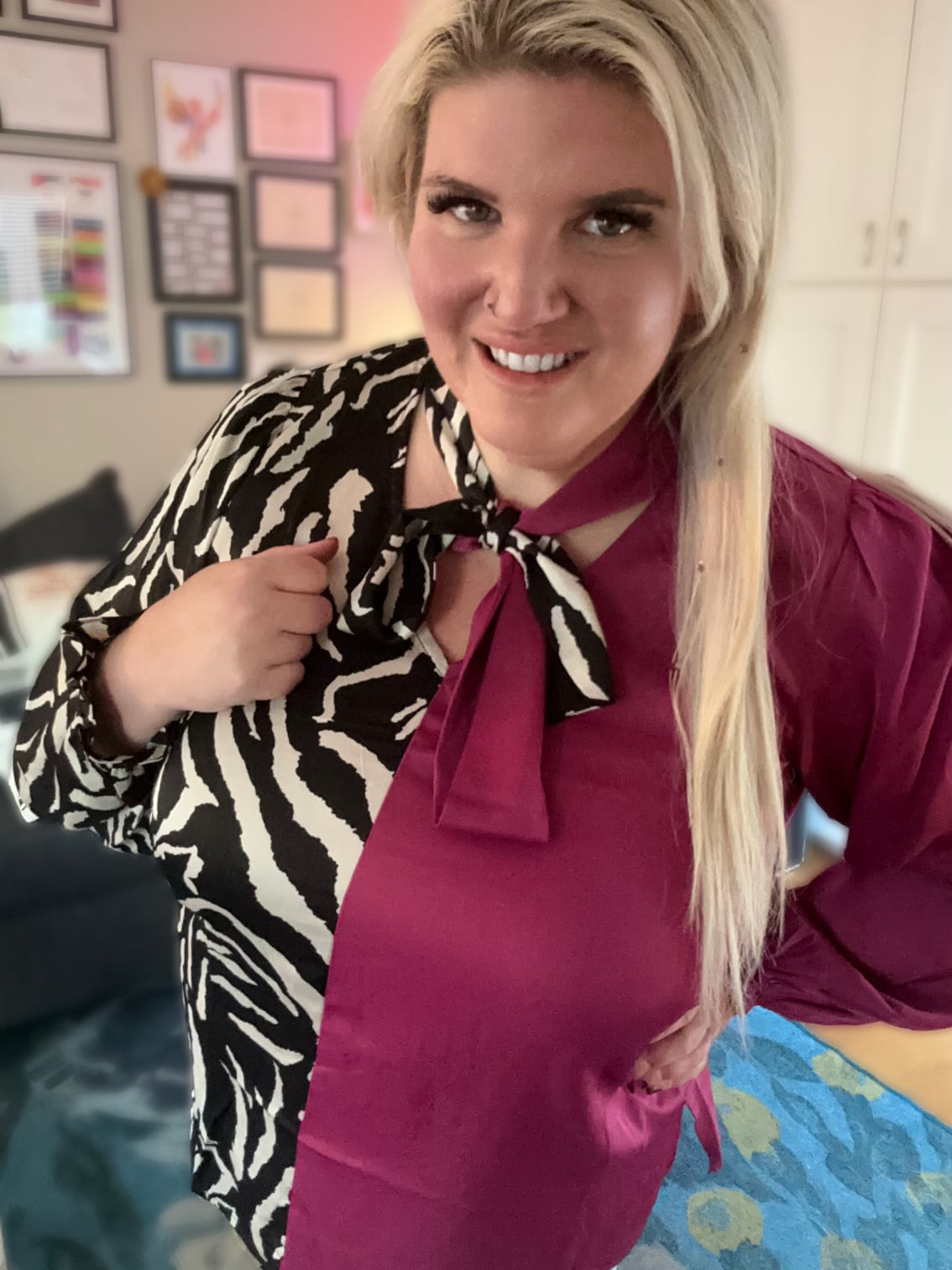 Necktie Front Color Block Top Black and Fuchsia