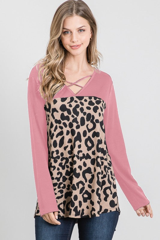 Mauve Crisscross V Neck Solid and Animal Top