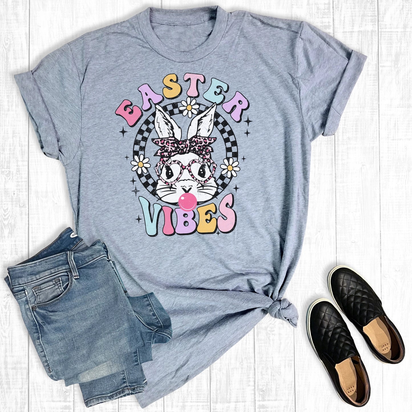 Gray Short Sleeve Retro Easter Bunny Vibes Graphic Tee