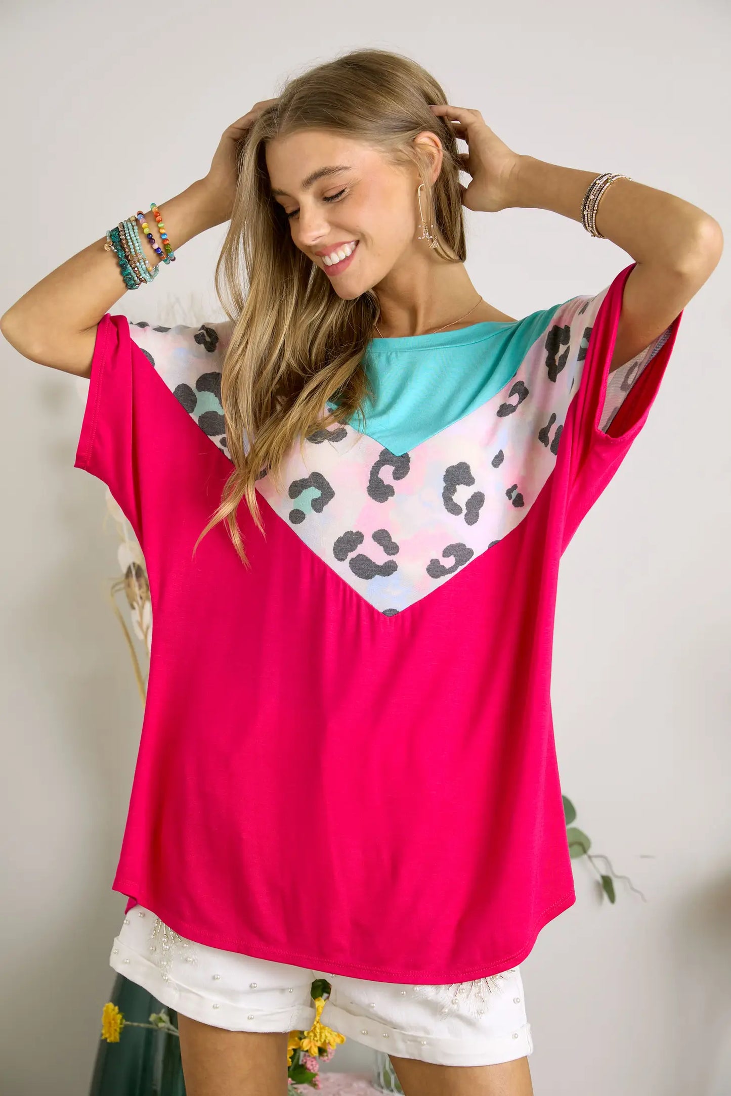 V-Shape Multi Block Top Mint/Leopard/Hot Pink